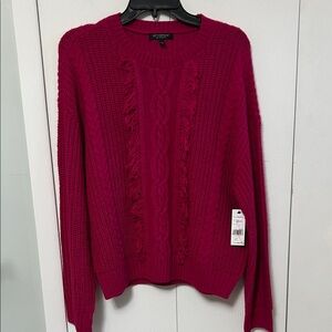 Liverpool Cable-Front Crewneck Sweater in Raspberry